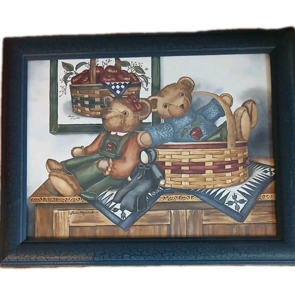 Rustic Teddy Bear Wall Art Framed Print Basket Apples Farmhouse Nursery Decor